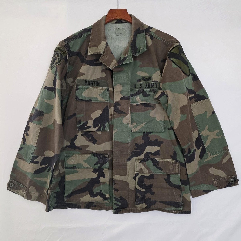 US Army Jacket Mens Med Reg Combat Coat Woodland Camo Name Airborne Calvary 1988